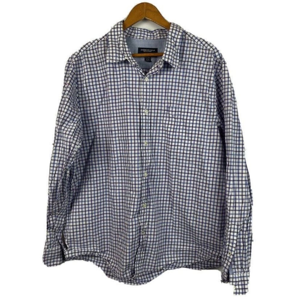 American Eagle Mens 2XL Athletic Long Sleeve Button Up Shirt Purple Blue Check